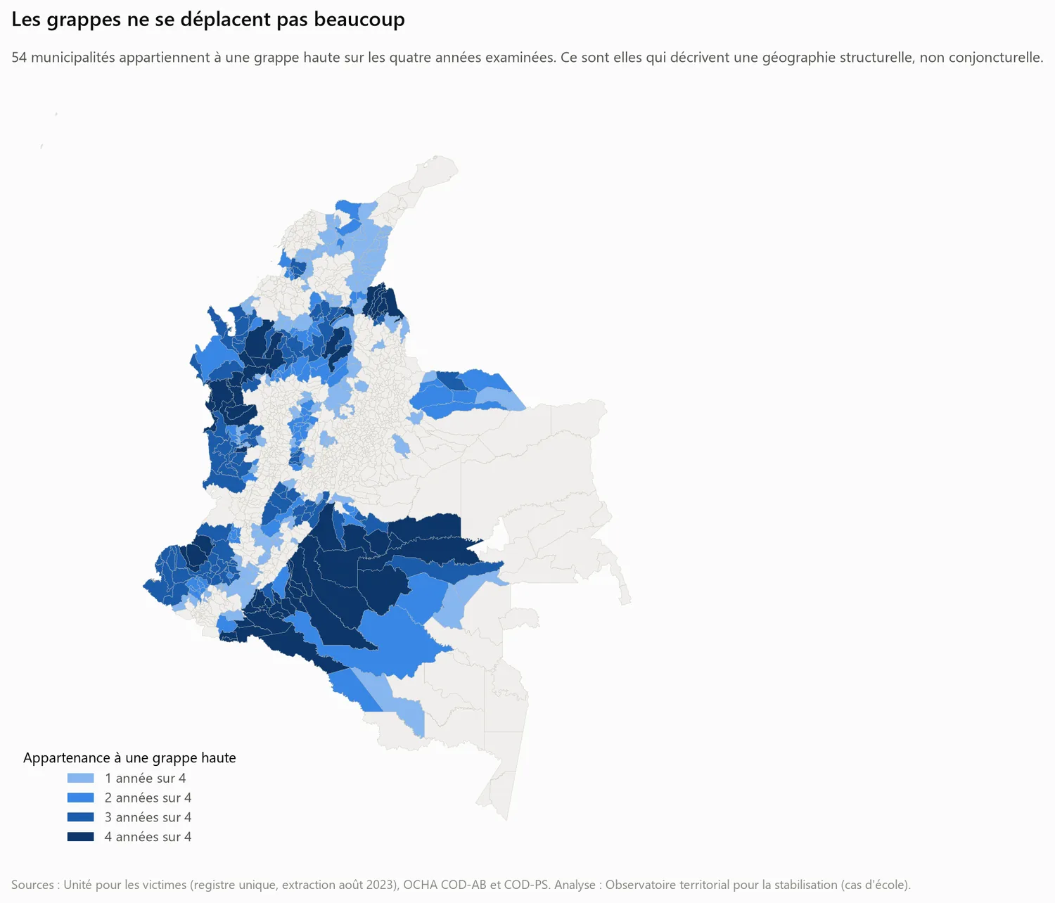 Carte des 54 municipalités colombiennes appartenant à une grappe haute sur les quatre années examinées