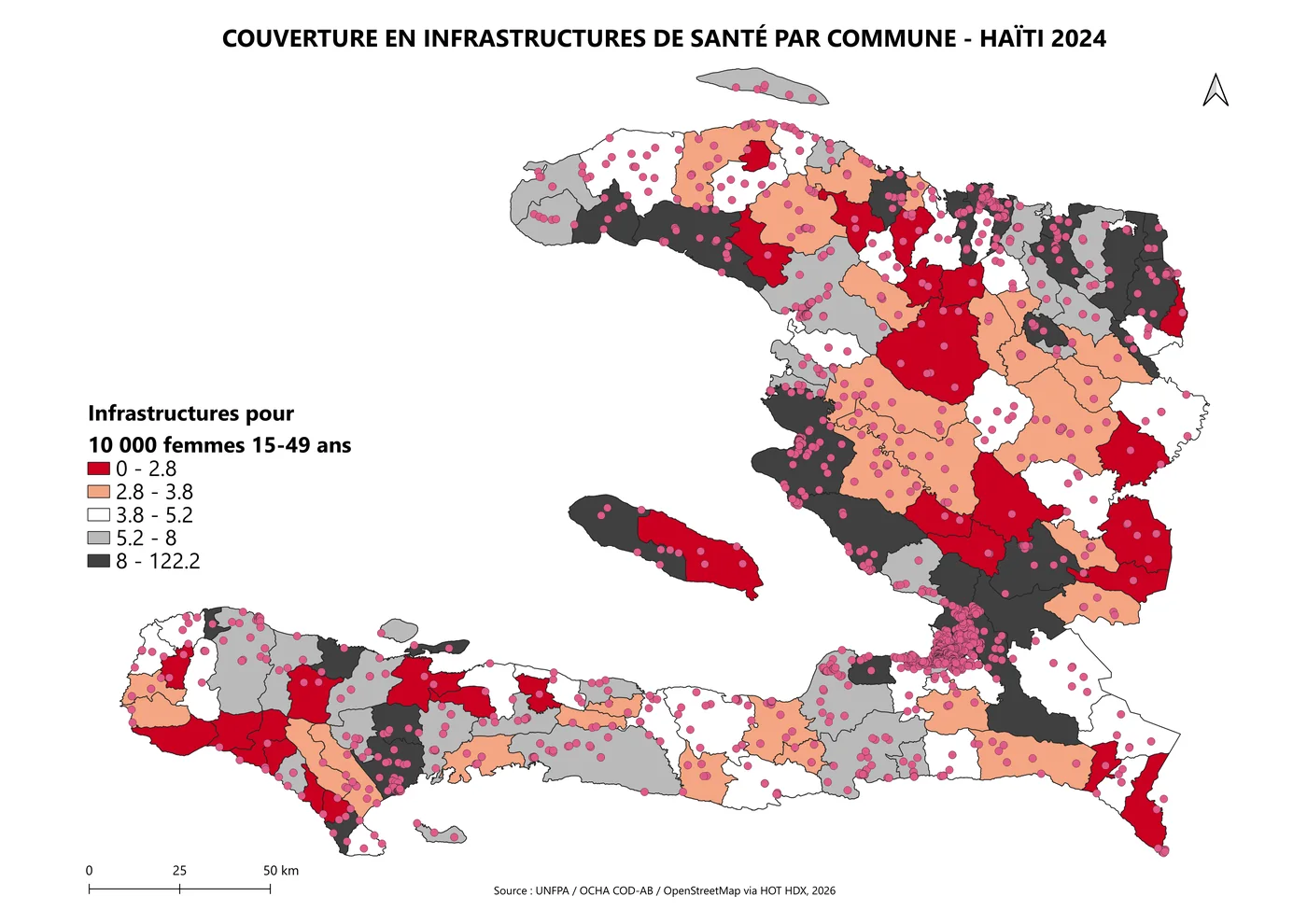 Carte de la couverture en structures de santé par commune, avec les points des structures recensées superposés