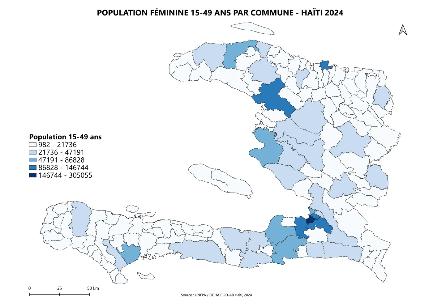 Carte de la population féminine de 15 à 49 ans par commune haïtienne en 2024
