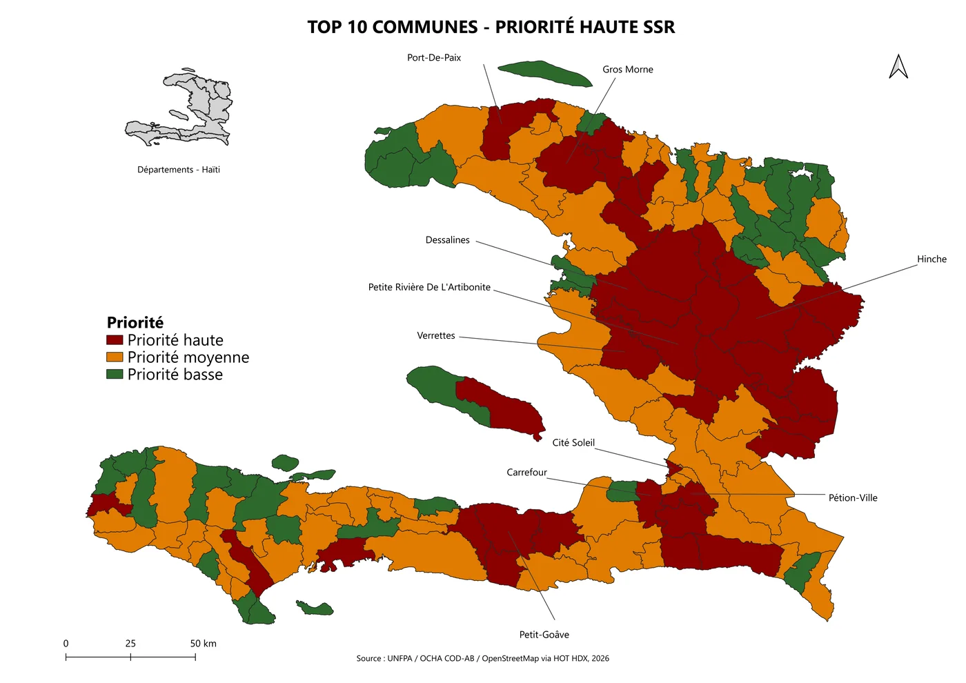 Carte des communes haïtiennes classées en priorité haute, moyenne et basse pour un programme de santé sexuelle et reproductive