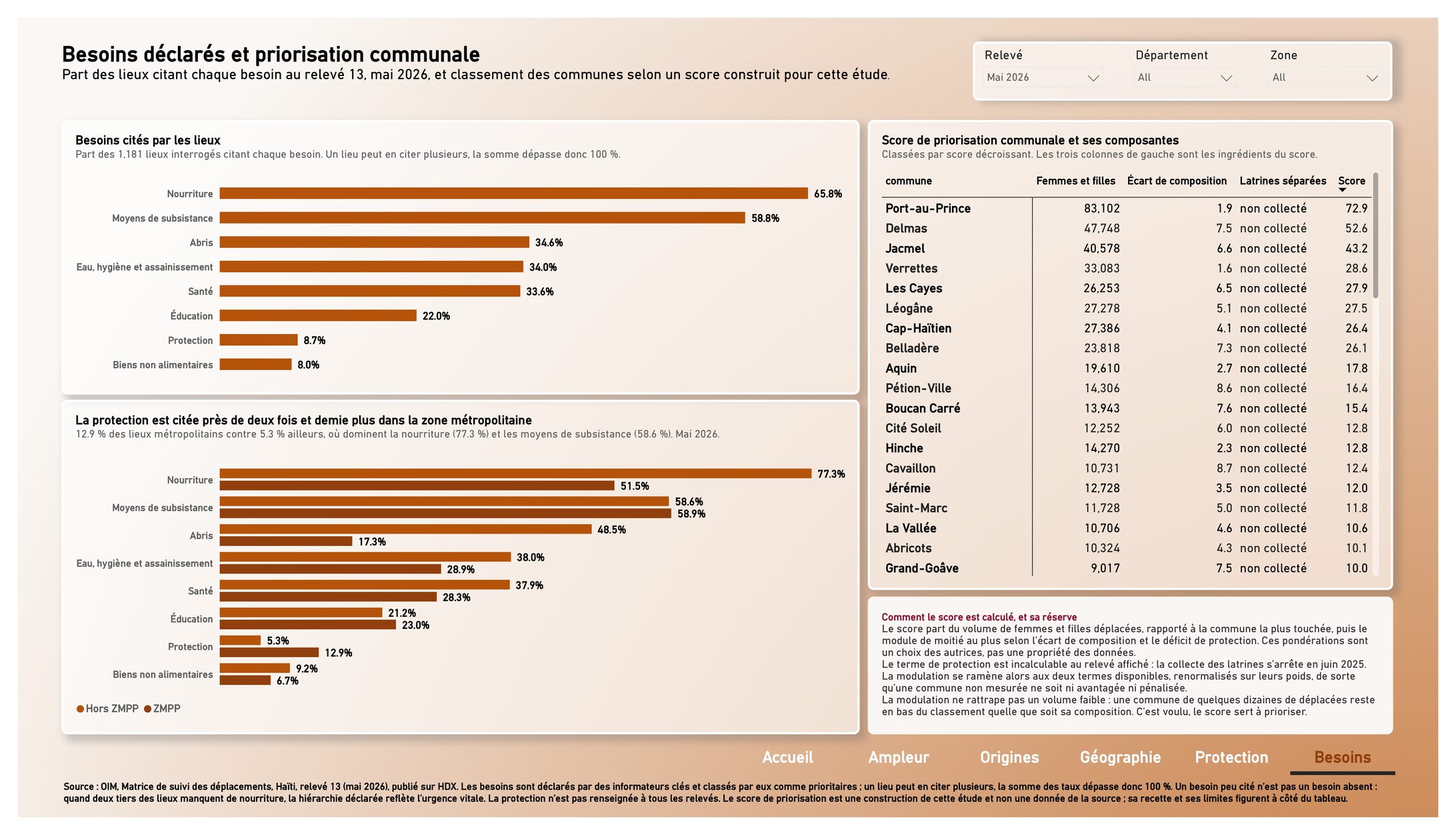 Page Besoins avec la part des lieux citant chaque besoin, la comparaison entre zone métropolitaine et reste du pays, et le tableau de priorisation communale