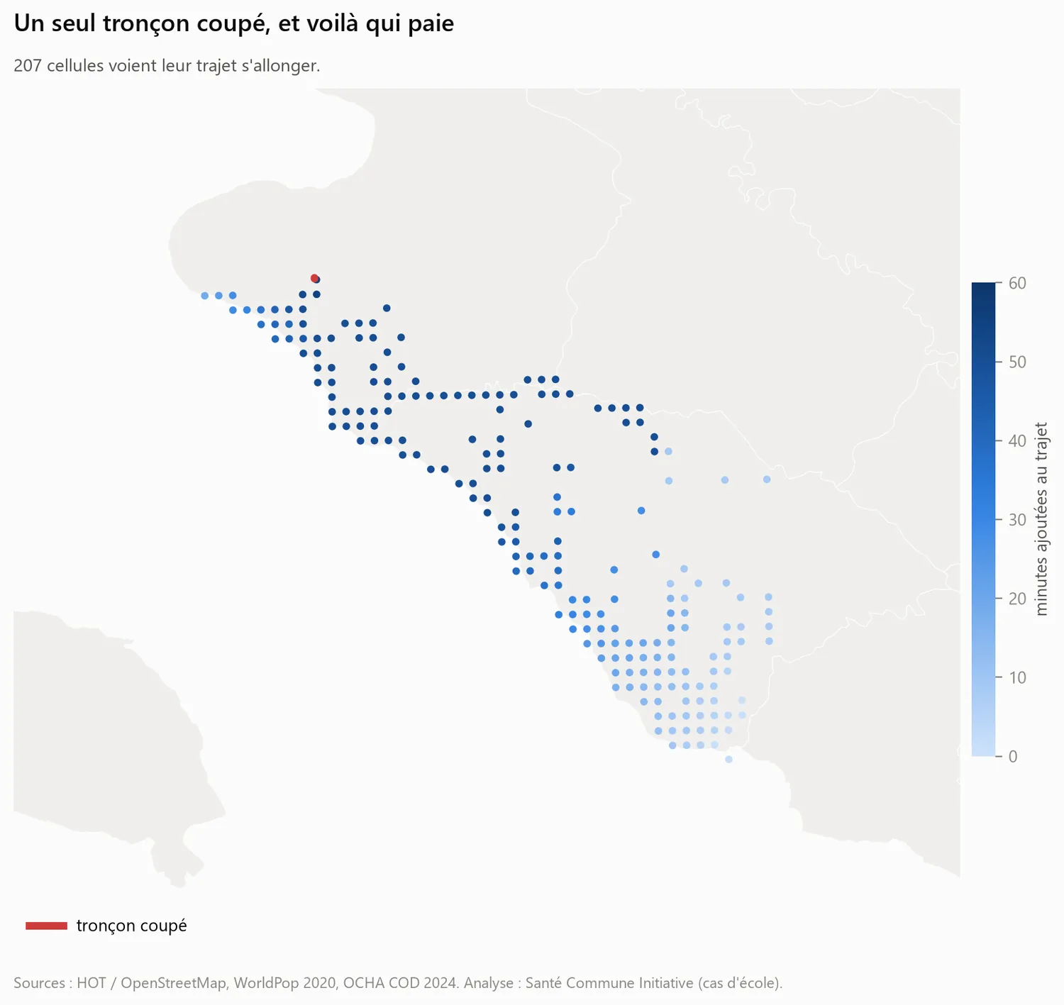 Carte de l'allongement des trajets provoqué par la coupure du tronçon le plus critique