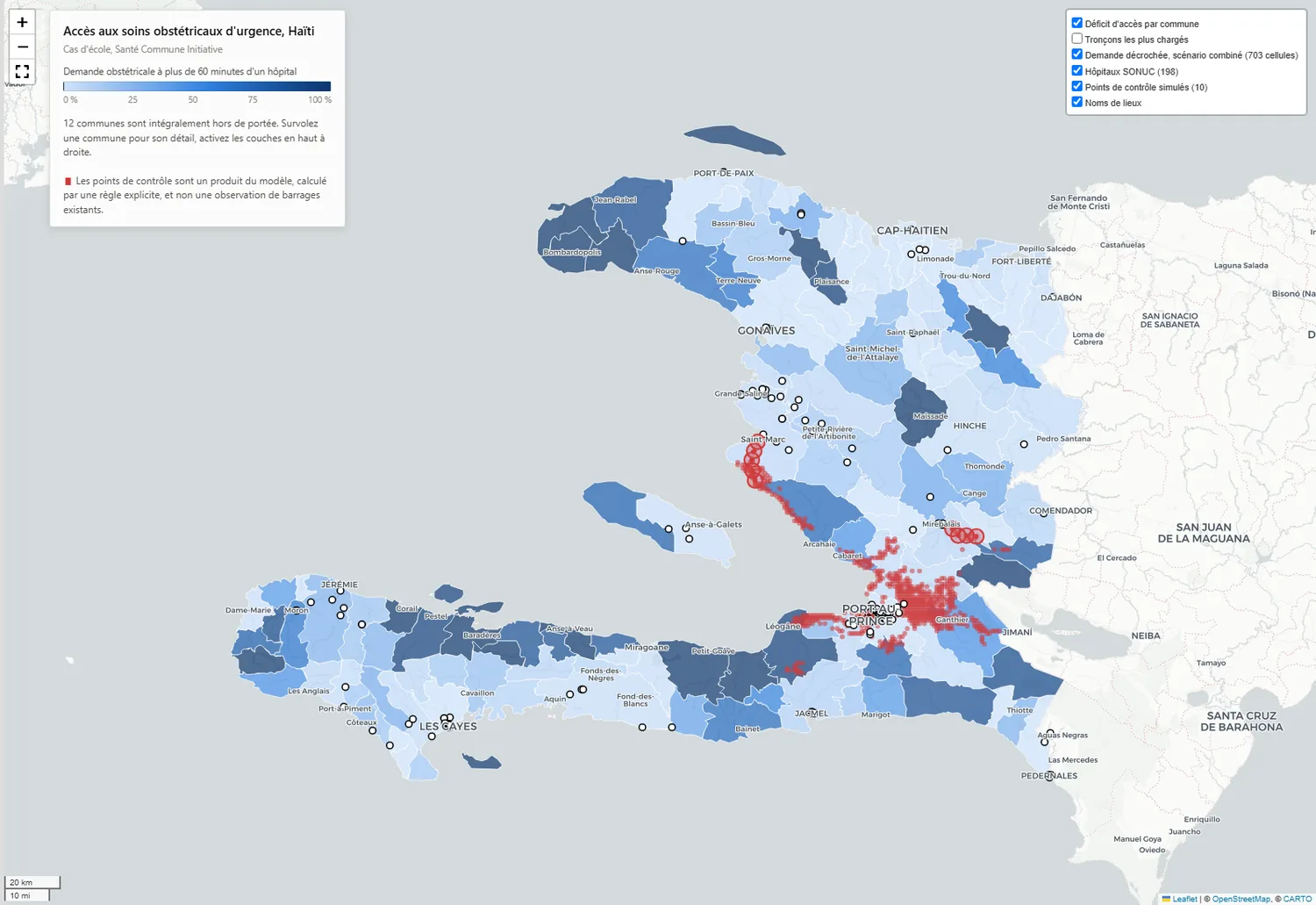 Carte interactive du projet ouverte dans un navigateur, avec la légende, le sélecteur de couches et les cinq couches superposées