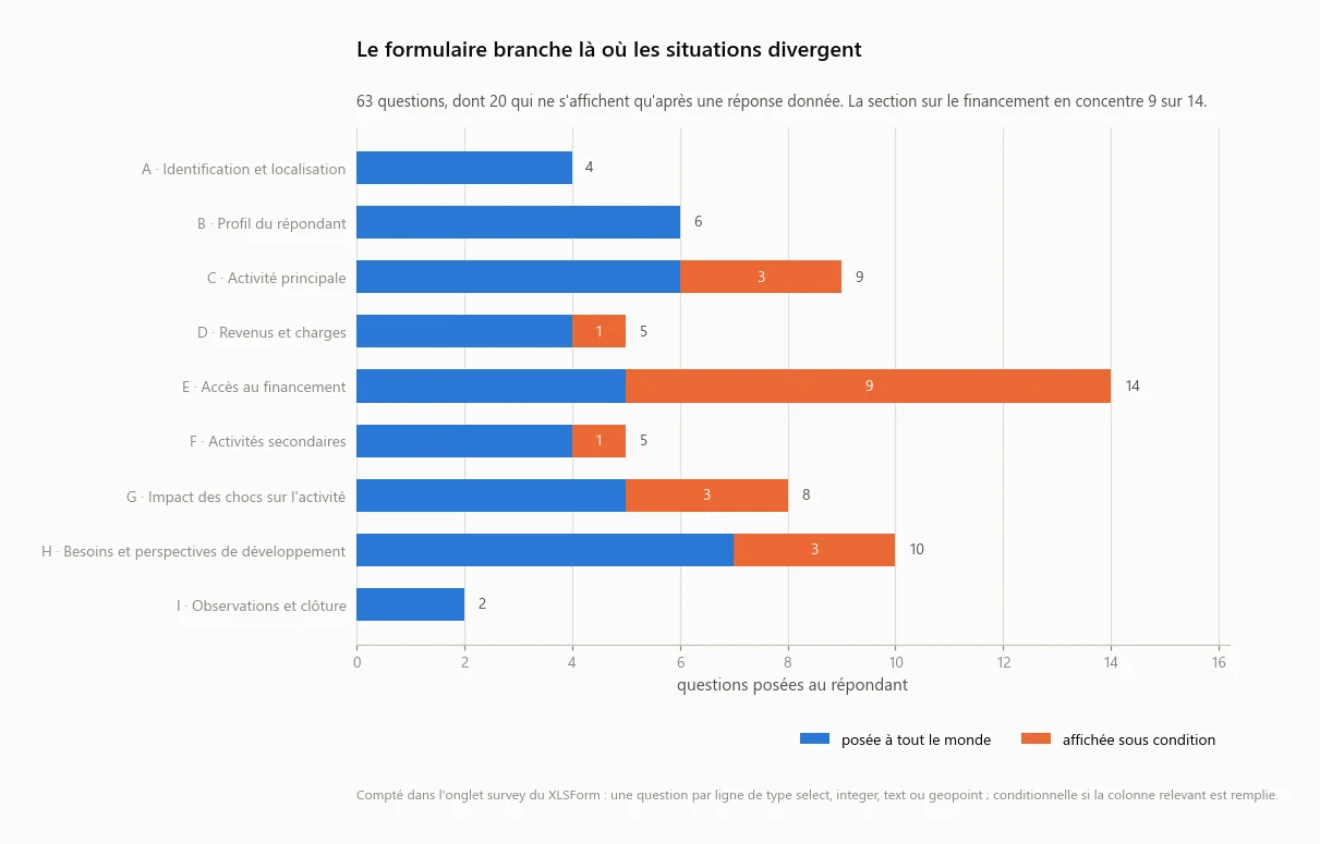 Nombre de questions par section du questionnaire, en distinguant les questions systématiques des questions conditionnelles